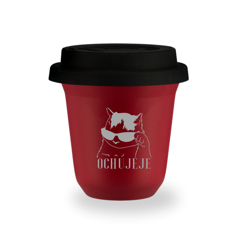 Kubek 150 ml CZERWONY "Ochójeje (z kotem w okularach)", z pokrywką czarną